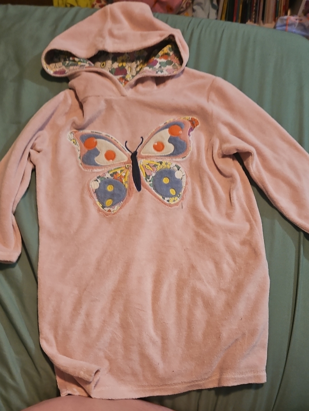 Mini Boden Light Pink Towelling Hoodie Dress With Butterfly Applique - Size 6/7